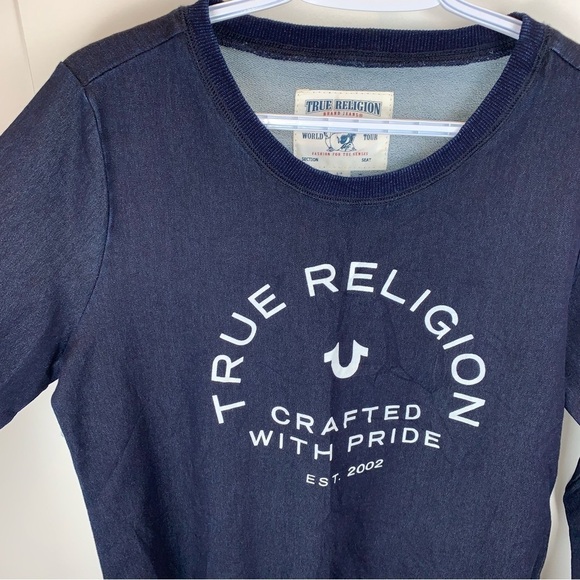 True Religion Navy Blue Crew Neck Graphic Logo Sweatshirt Women's S - Picture 2 of 7